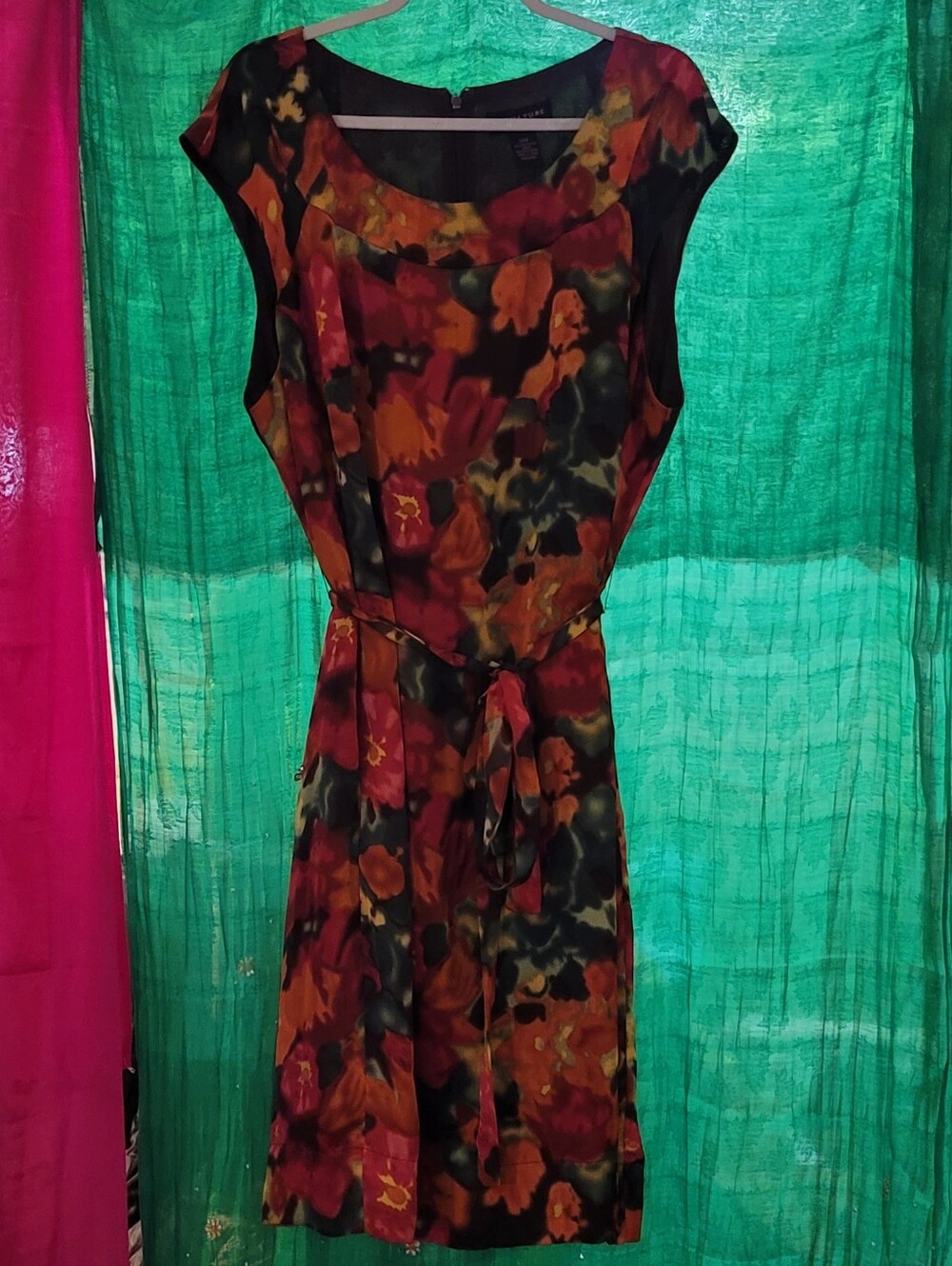 Floral Belted Sleeveless Dress - Red/Orange/Green/Black